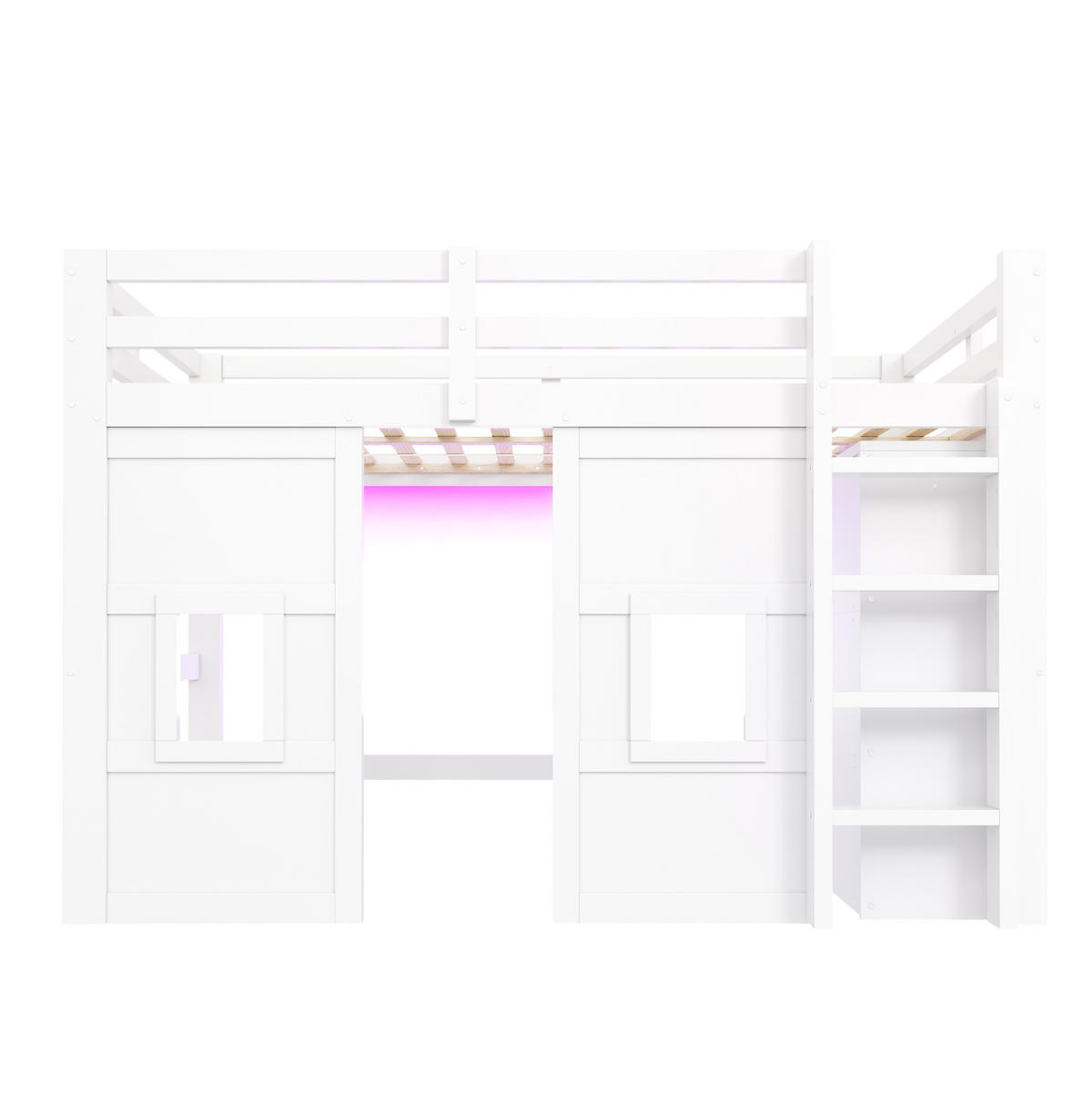 HOCHBETT 140/200 cm mit Kleiderschrank, 2 Fenstern und LED-Beleuchtung, aus Holz, Weiß - Weiß, Holzwerkstoff (140/200cm) - Redom