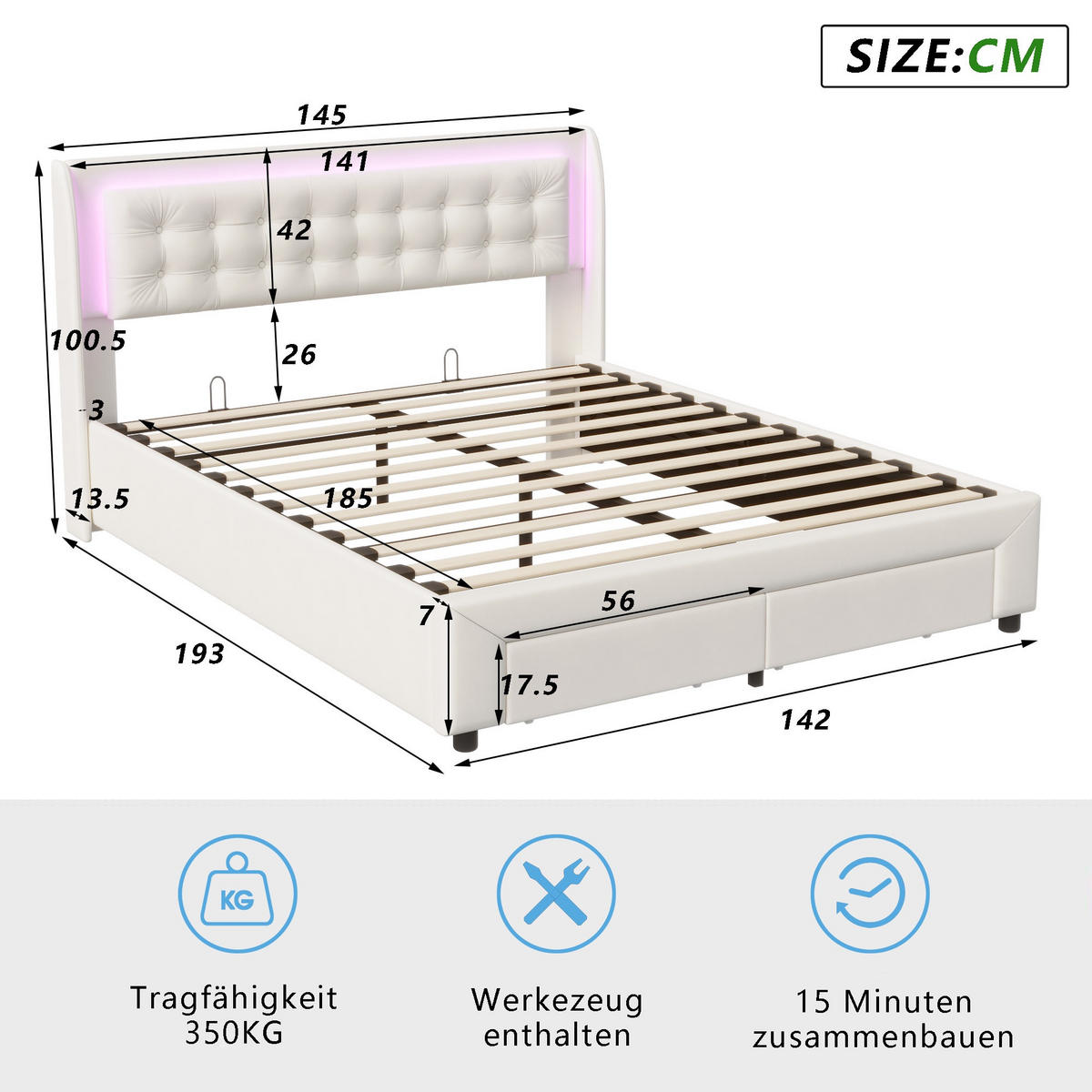 POLSTERBETT 140x190cm LuxeDream mit Hydraulik-System, RGB-LED-Beleuchtung & 2 Schubladen, Samt, Beige - Beige, Textil (140/190cm) - DELFA