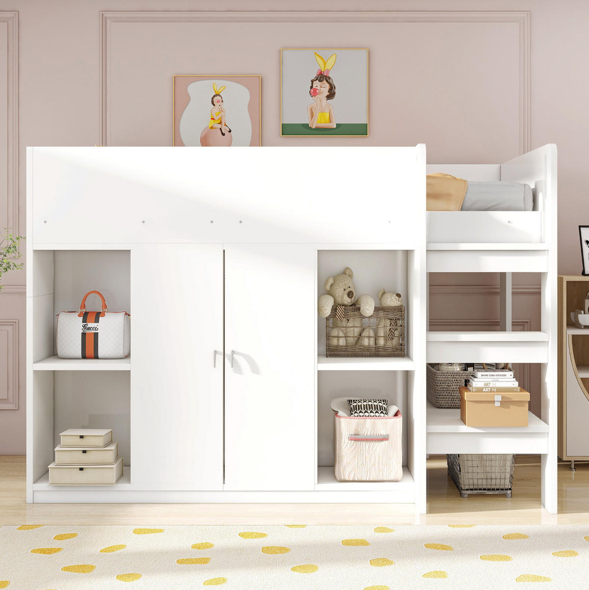 HOCHBETT 90/200 cm mit Stauraum, Schrank und Regalen in Weiß/Grau - Weiß, Holz (90/200cm) - Flora Grace