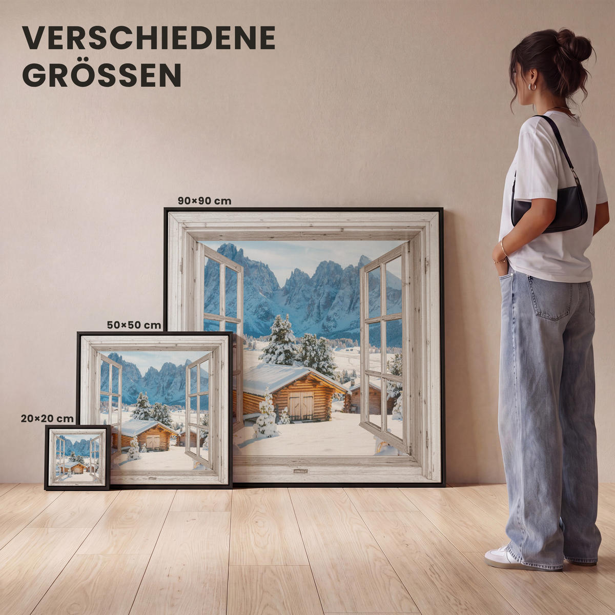 LEINWAND Bilder mit Rahmen - Winterlandschaft - Hütte - Berge - Ausblicke - Aussicht - Natur - 50x50 - Weiß Hochglanz, Textil (50/50cm) - MuchoWow