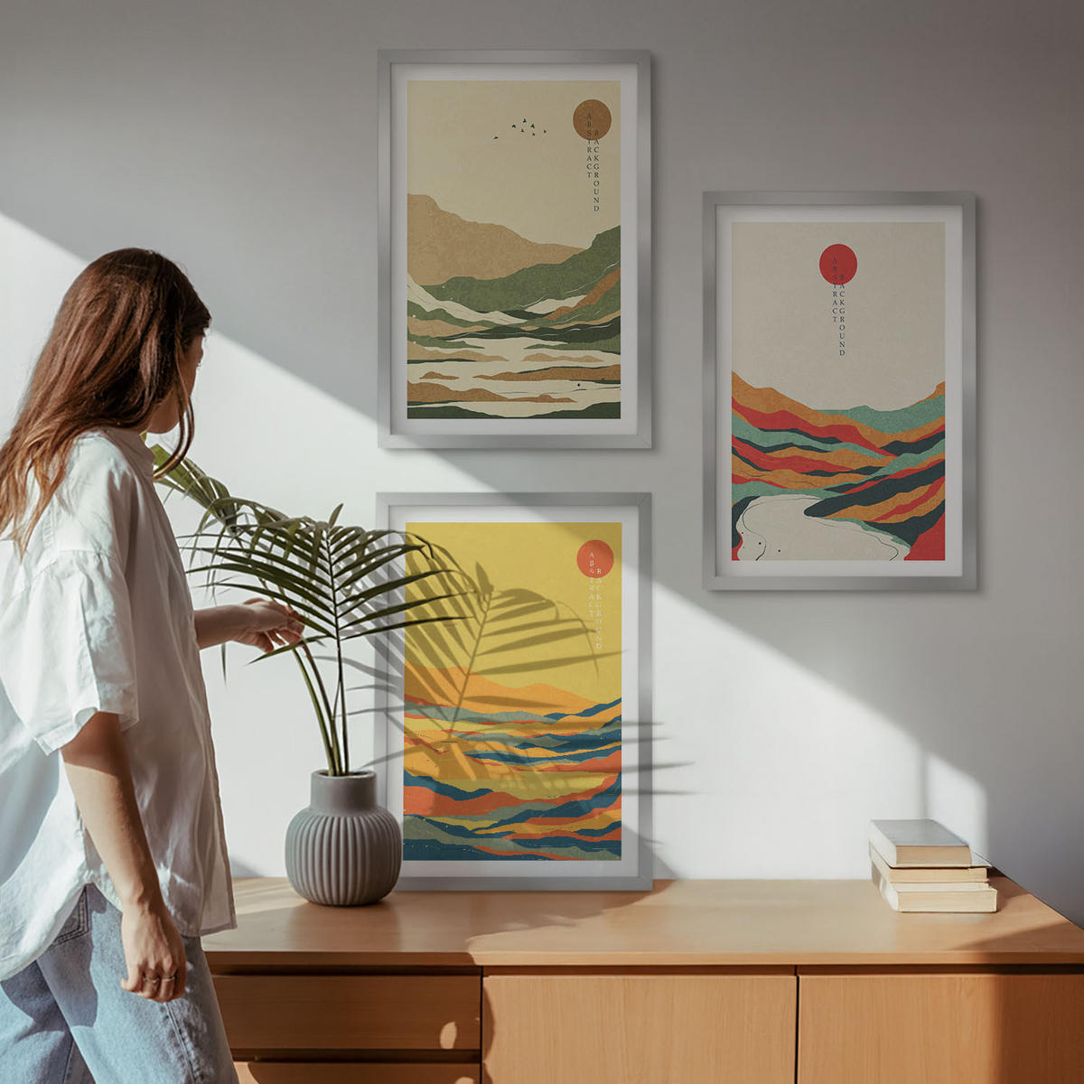 BILDER SET 3er Set - 40x60 cm Silberner Rahmen - Farbenfrohe Muster der Japandi-Flussberge - Silberfarben, Kunststoff (40/60cm) - TULUP