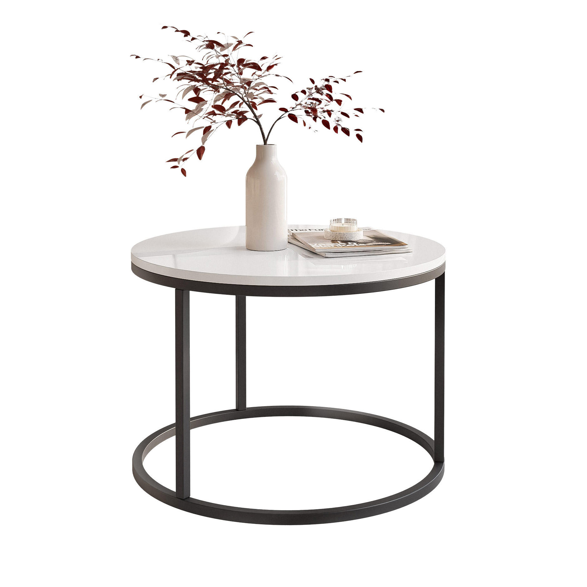 COUCHTISCH 60 cm rund Weiß Hochglanz, Schwarz Gestell - Weiß Hochglanz, Holzwerkstoff (60/60/42cm) - Idohome