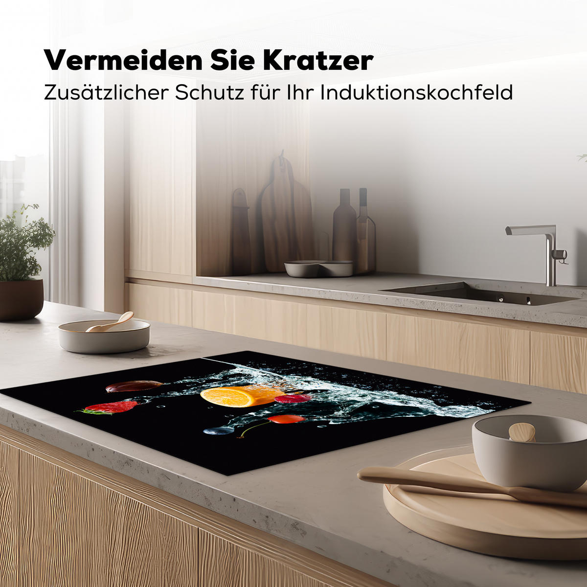 HERDABDECKPLATTE Wasser - Obst - Orange - Erdbeere - Kirsche - Schwarz 77x59 cm - Orange, Kunststoff (77/59/0.2cm) - MuchoWow