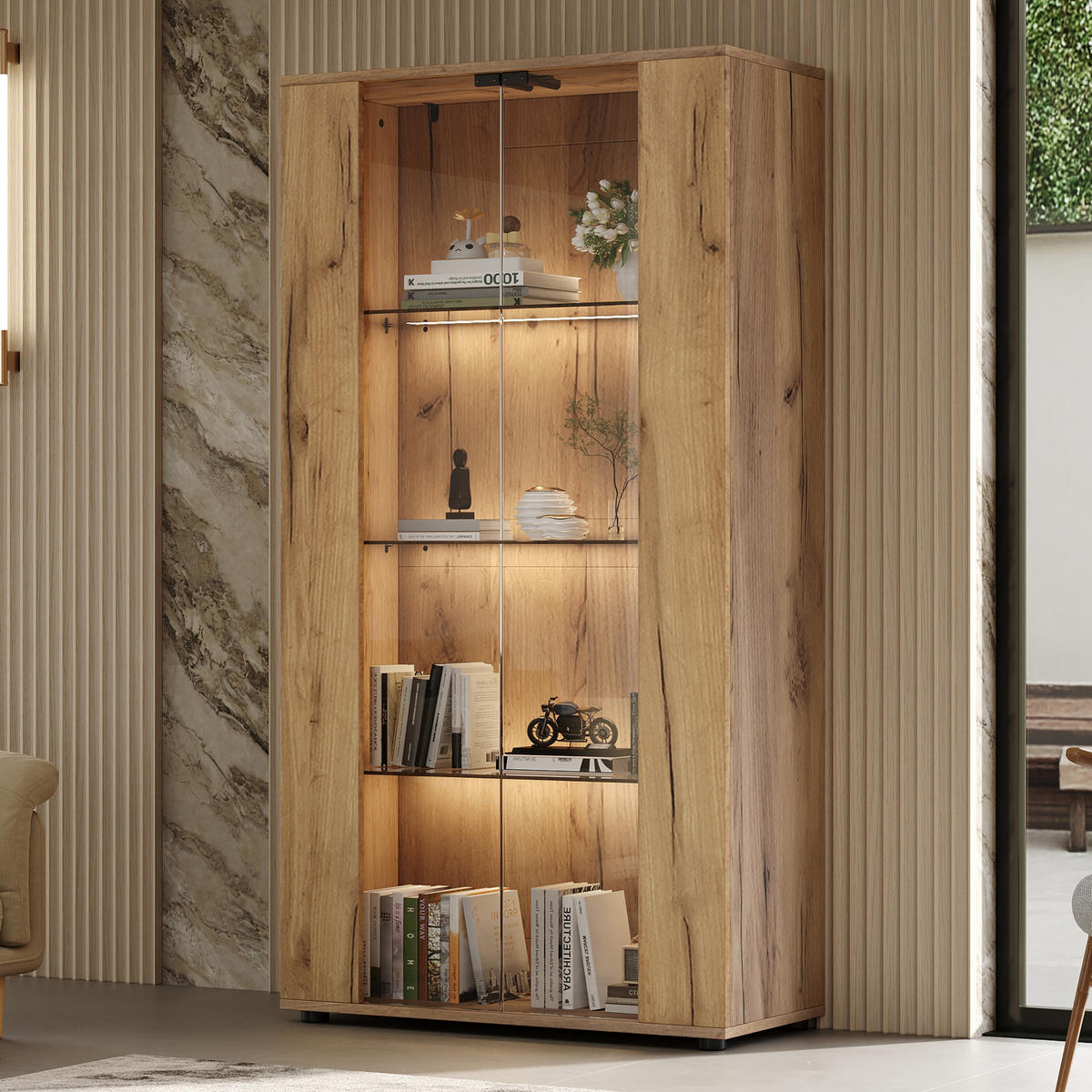 VITRINE 80x36x150,5 cm Natur mit LED und 2 Türen - Naturfarben, Holzwerkstoff (80/150.5/36cm) - FLIEKS