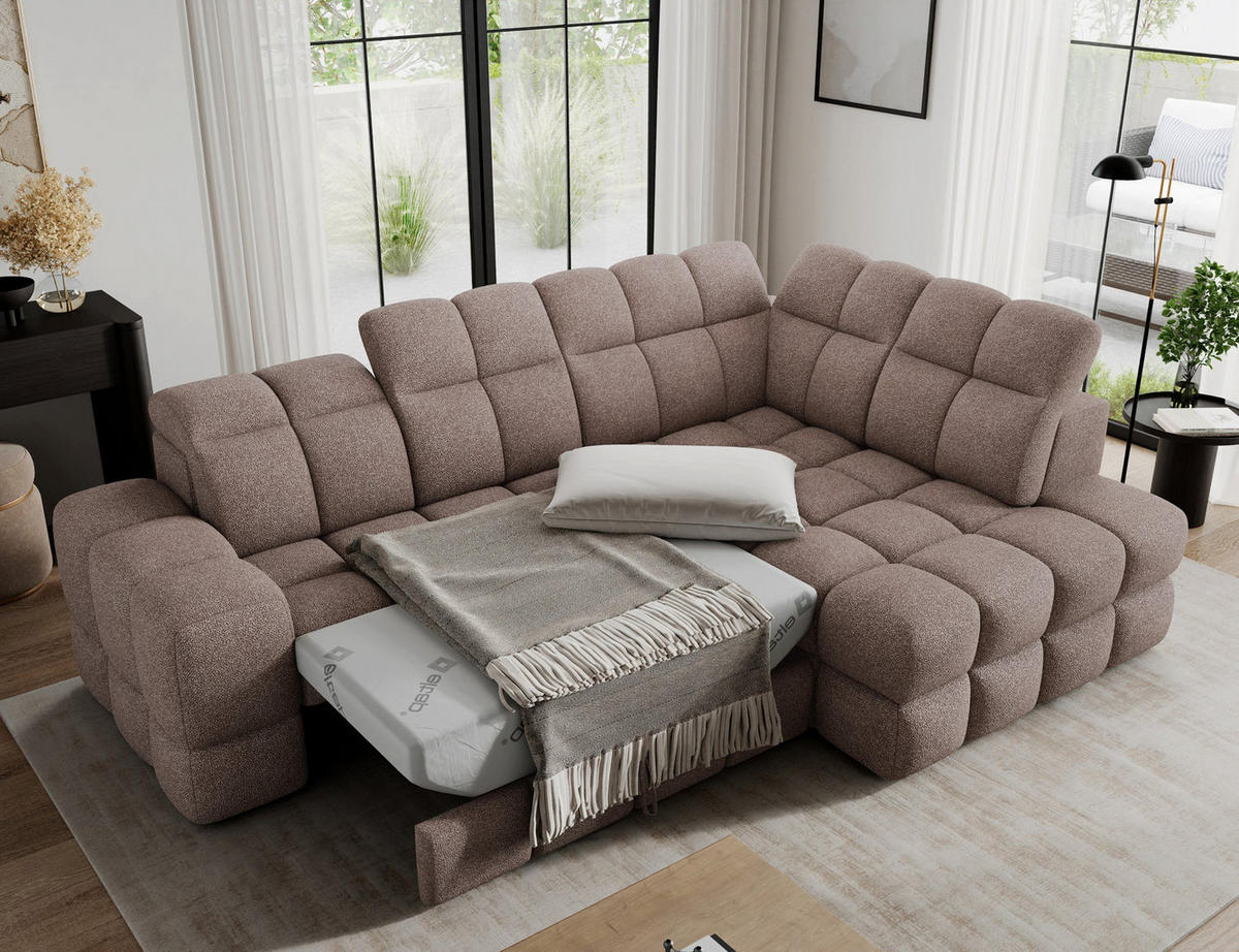 ECKSOFA Bronon mit Schlaffunktion und Bettkasten – Modernes Design, verstellbare Kopfstützen und verschiebbare Rückenlehnen - Beige, Kunststoff (296/109cm) - Wohnideebilder