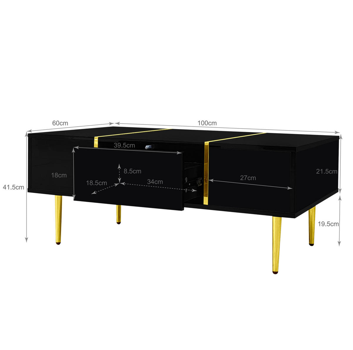 COUCHTISCH aus MDF 100x60x41,5 cm Schwarz Hochglanz mit 2 Schubladen - Schwarz, Holzwerkstoff (100/60/41.5cm) - IVMEU
