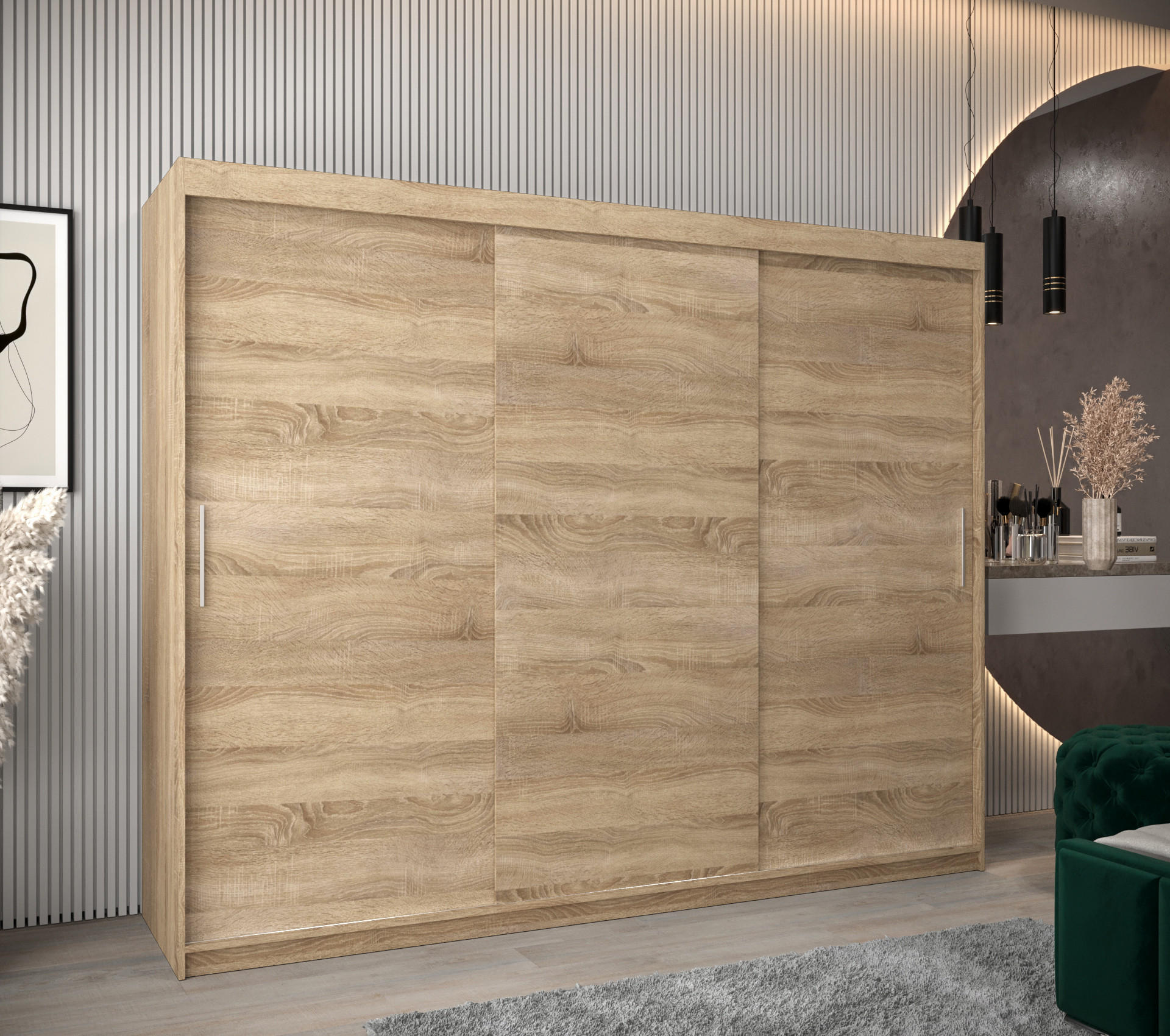 SCHWEBETÜRENSCHRANK 200/250/62 3-türig - Silberfarben/Sonoma Eiche, Holz/Kunststoff (250/200/62cm) - MÖBEL KRYSPOL