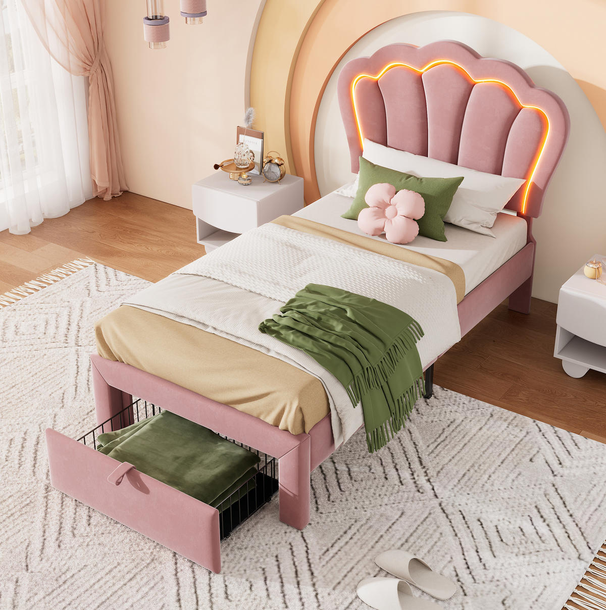 JUGENDBETT 90/190 cm aus Samt mit LED-Beleuchtung, Schublade und höhenverstellbarem Kopfteil Rosa - Rosa, Textil (90/190cm) - Modenvie