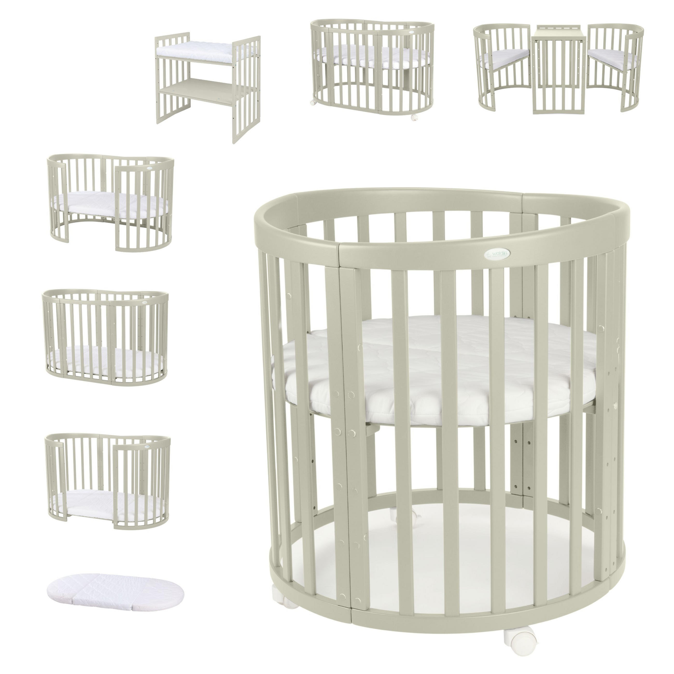 BABYBETT OLIVE OVAL 7in1 mit Matratze - Olivgrün, Holz/Textil