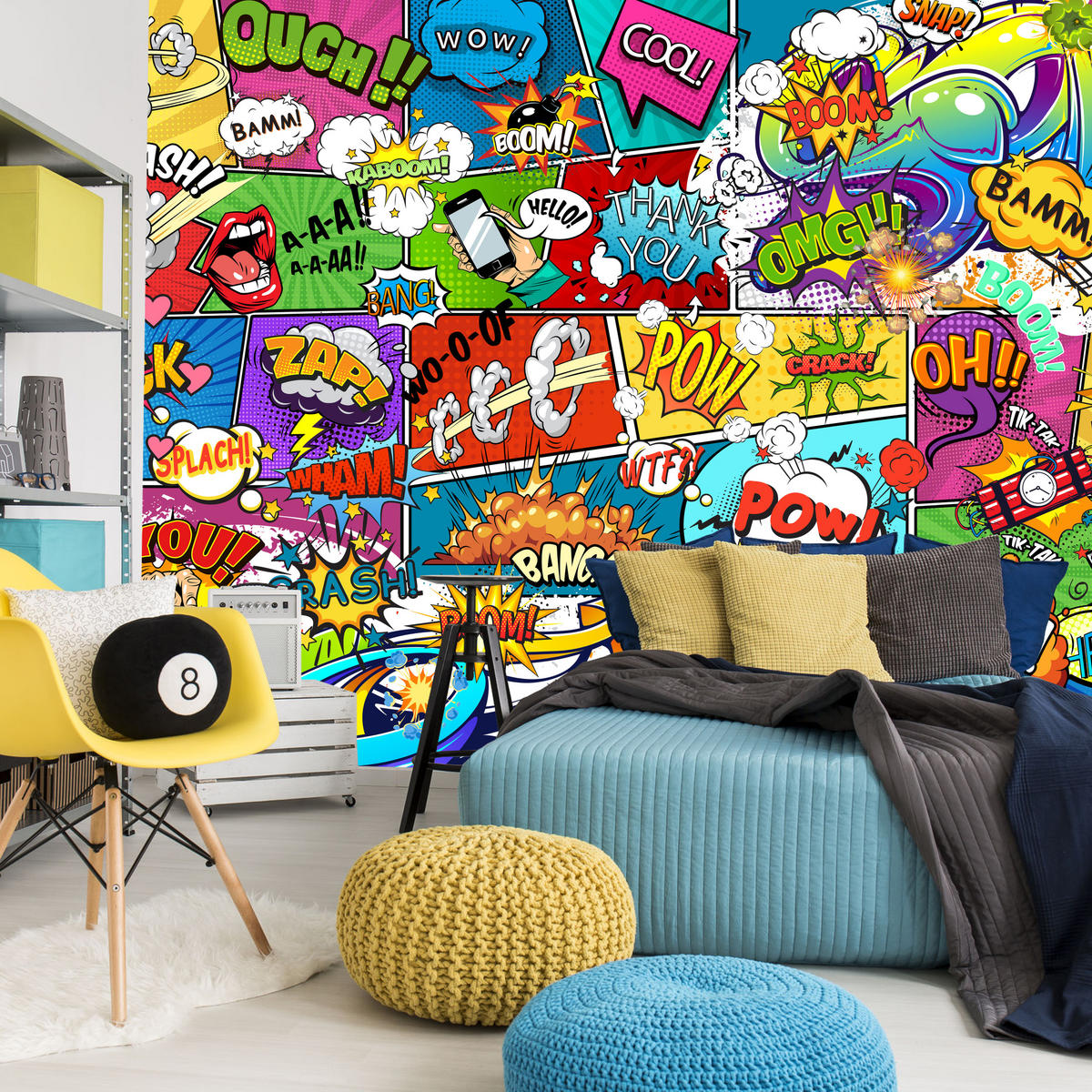FOTOTAPETA Pre Študentskú Izbu Komiks Farebné Texty Dym Pery 300 x 210 cm - lila/oranžová, papier (300/210cm) - Muralo