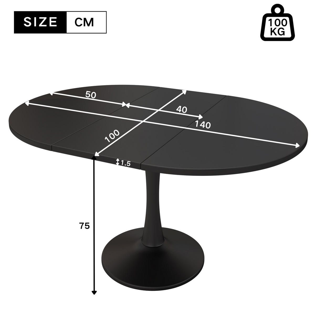 JEDILNA miza 100/140/100/75 cm raztegljiva ovalna, prostorsko varčna in moderna, MDF, Črna - črna, leseni material (140/100/75cm) - Redom