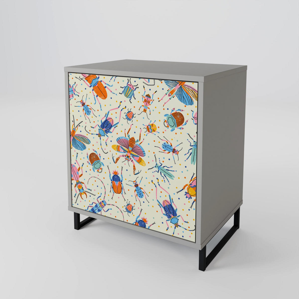 SIDEBOARD COLORFUL INSECTS, Grau, 57,5x42x70,5 cm, Schwarze Metall-Sternfüße - Multicolor/Schwarz, Holzwerkstoff/Metall (57.5/70.5/42cm) - SpaceRebels