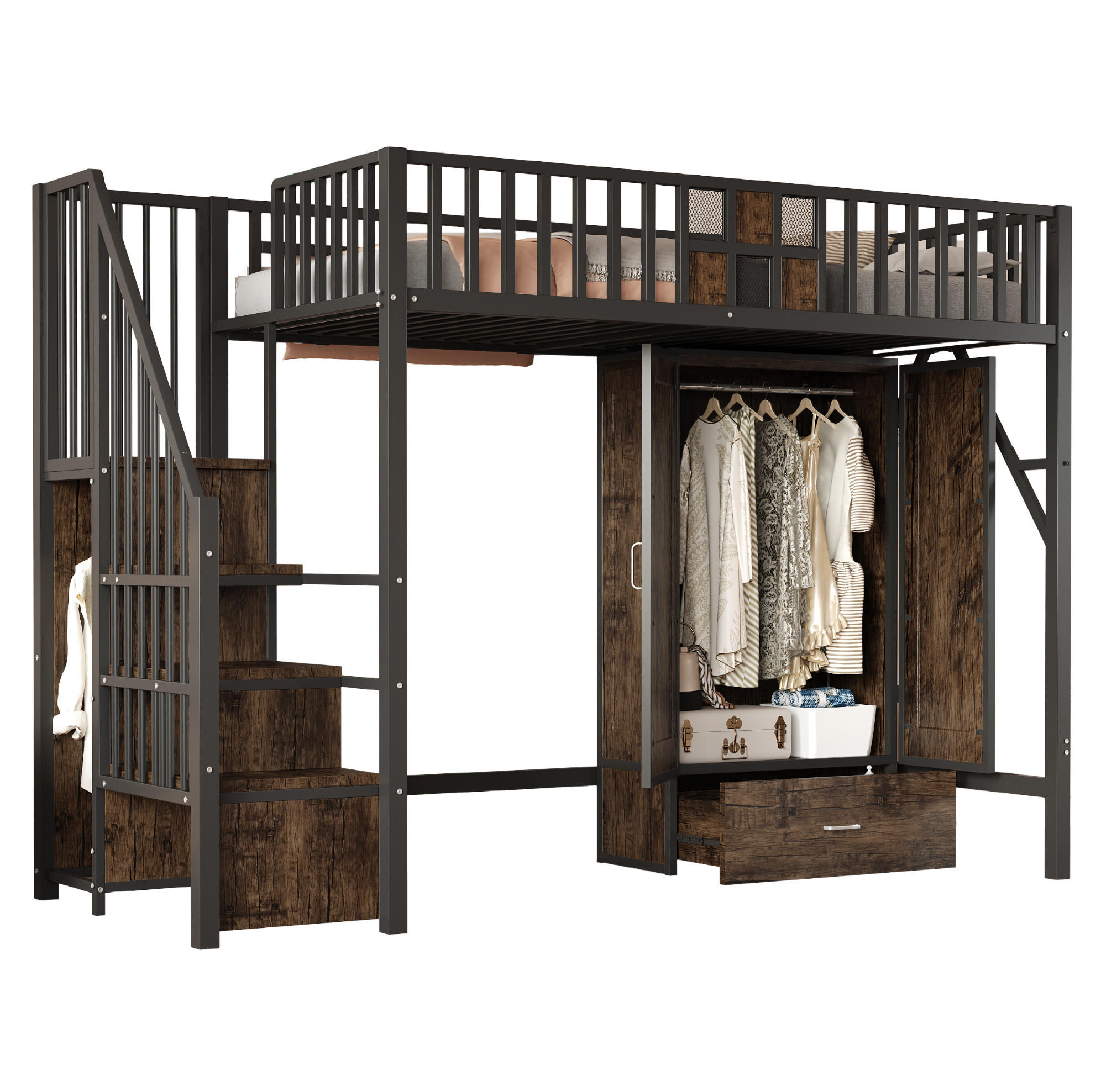 HOCHBETT 90/200 cm aus Metall und Holz mit Kleiderschrank und Stauraumleiter - Schwarz, Metall (90/200cm) - Flora Grace