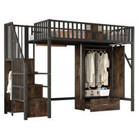HOCHBETT 90/200 cm aus Metall und Holz mit Kleiderschrank und Stauraumleiter - Schwarz, Metall (90/200cm) - Flora Grace