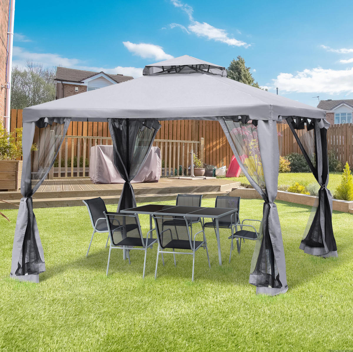 GARTENPAVILLON 294/294/265 cm mit Netzseiten, Doppeldach und Polyesterdach, Anthrazitgrau - Grau, Textil (294/265/294cm) - Redom