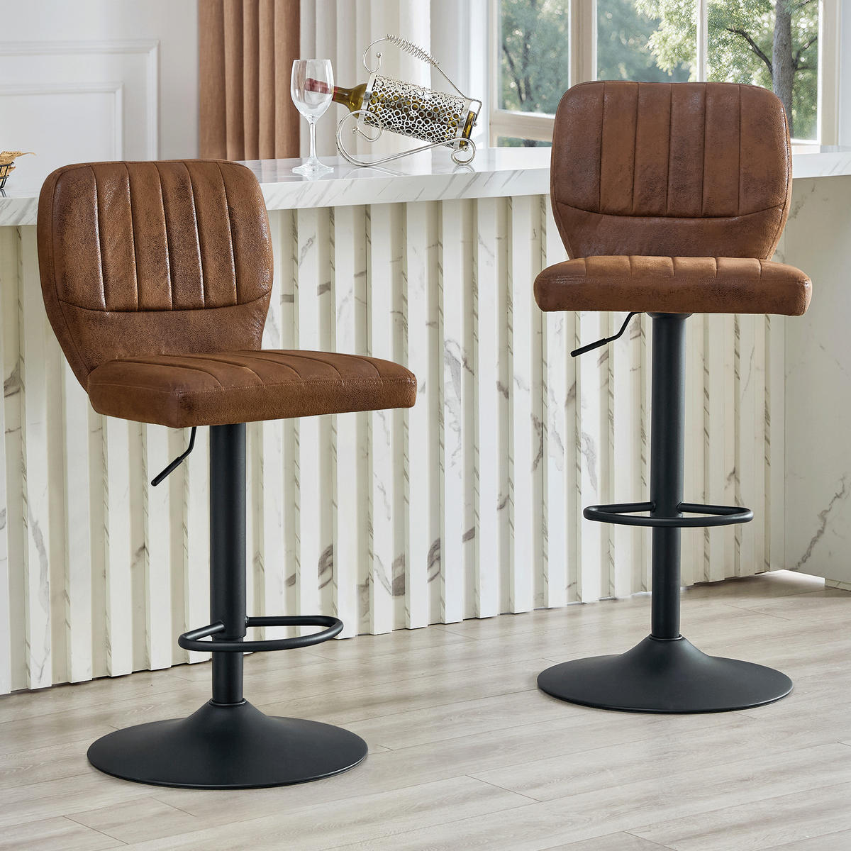 BARHOCKER 2er-Set Braun-Schwarz höhenverstellbar & 360° drehbar mit Rückenlehne - Schwarz, Metall (52/93/45cm) - PANGIVO