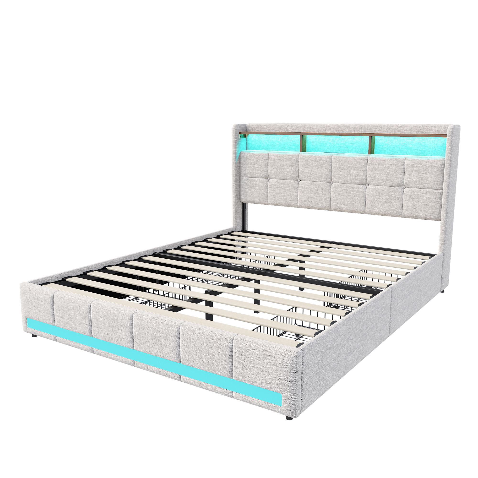 SHOPENTRA ČALOUNĚNÁ postel 160x200 cm béžová látka LED USB 4 zásuvky