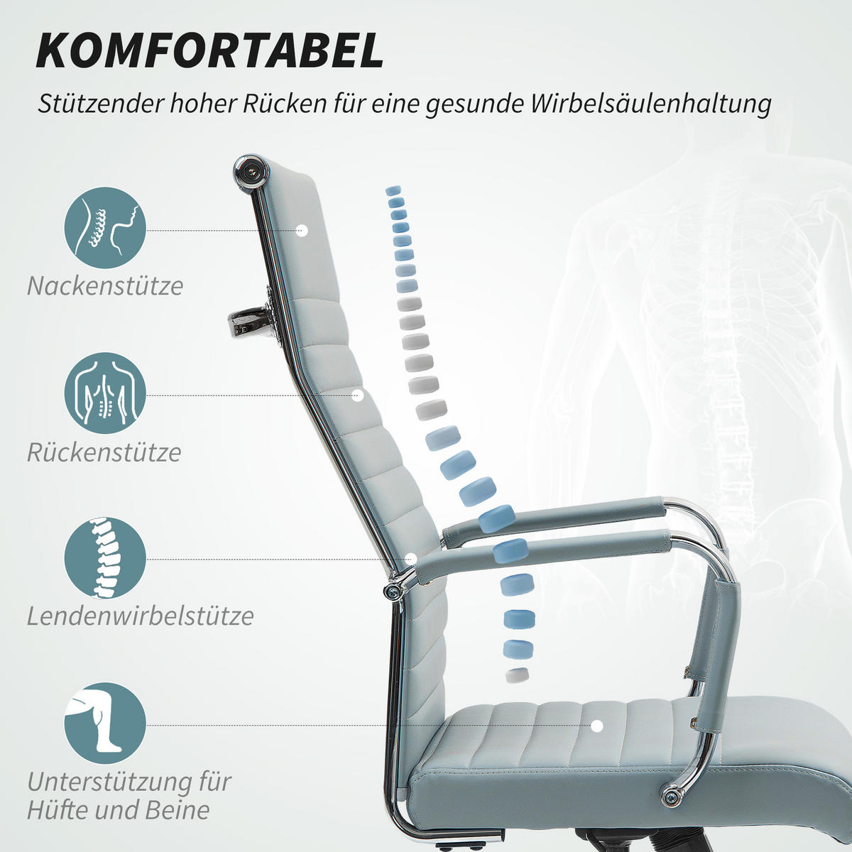 BÜROSTUHL mit Wippfunktion, Hellgrau - Hellgrau, Leder (54/114/62cm) - Vinsetto