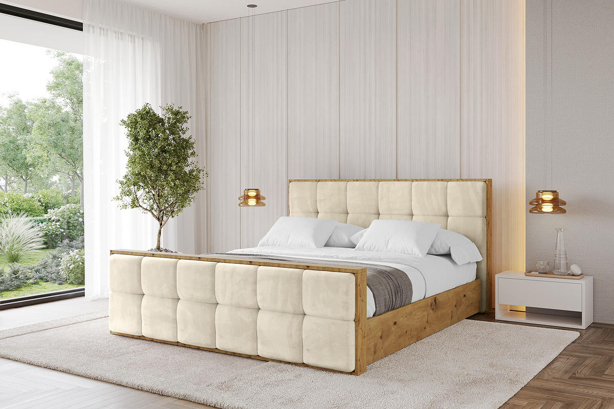 POLSTERBETT mit Bettkasten, Fußteil und Lattenrost, Boxbett ohne Matratze - ENZO7-Z 160x200 Beige - Ecru, Holzwerkstoff/Textil (160/200cm) - ALTDECOR