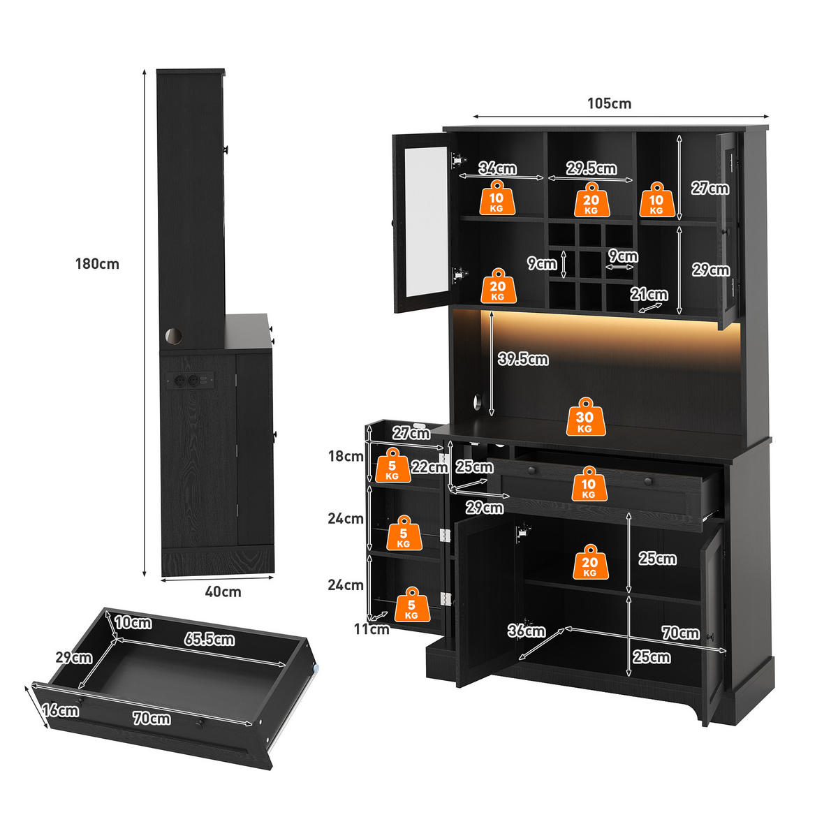 BUFFETSCHRANK 105/40/180 cm schwarz aus MDF mit LED und Steckdose - Schwarz, Holzwerkstoff (105/180/40cm) - OKWISH