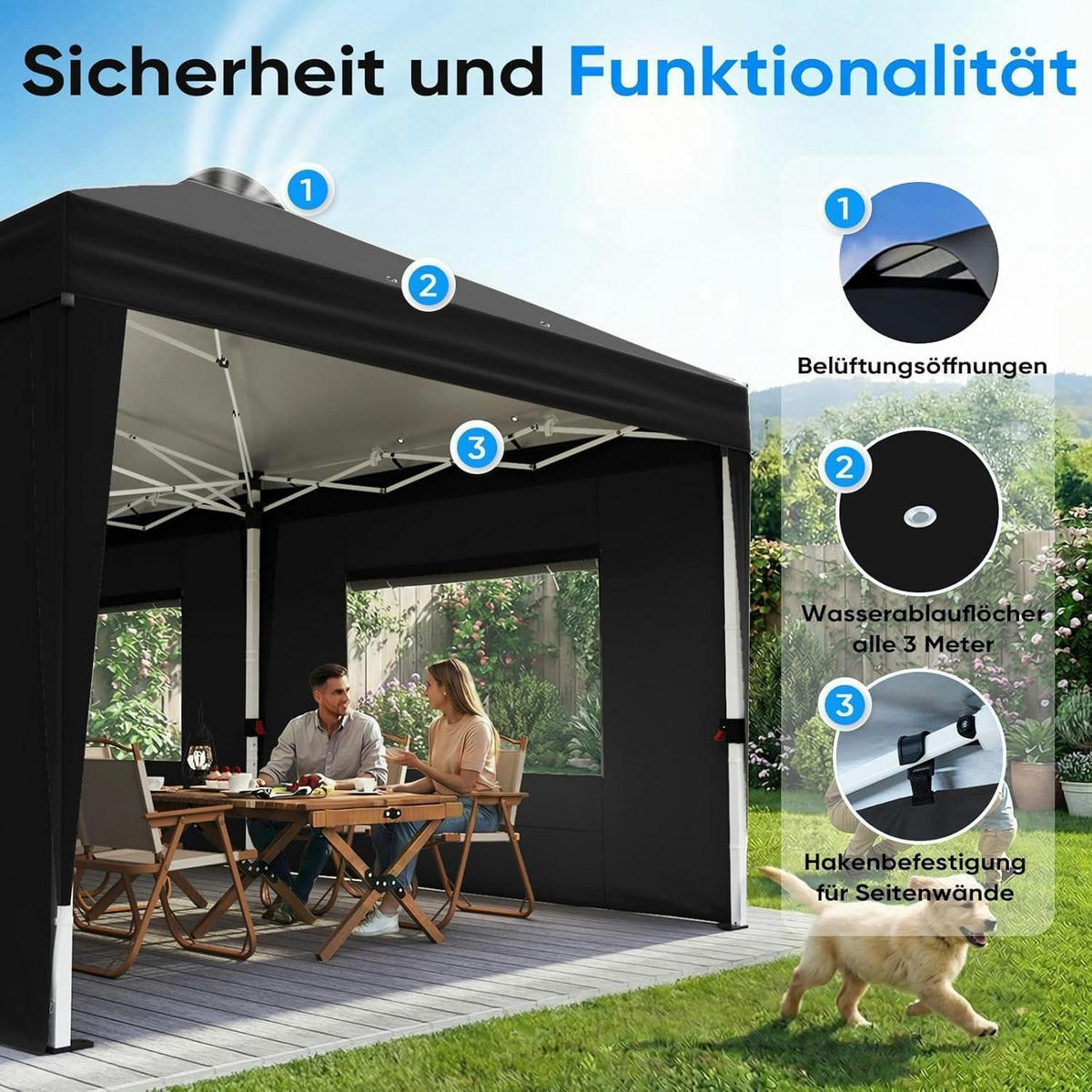 FALTPAVILLON 3x6m mit Seitenwänden und Insektenschutz schwarz - Schwarz, Textil (585/285/293cm)