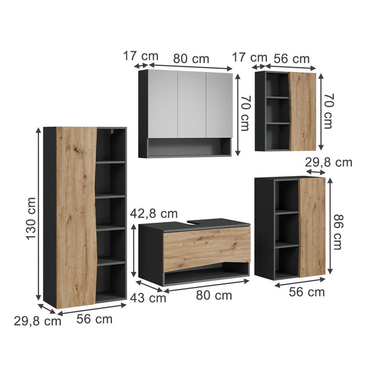 BADMÖBEL-SET Willow Artisan 5 Teile - Anthrazit/Hellgrau, Holzwerkstoff (80/42.8/43cm) - Vicco