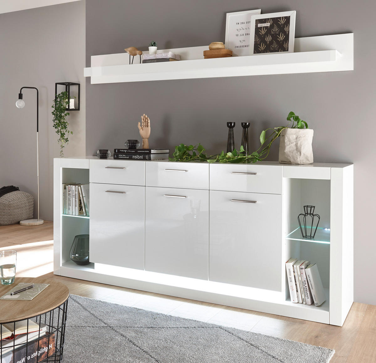 SIDEBOARD weiß Hochglanz 200 cm, große Anrichte mit viel Stauraum - Weiß Hochglanz/Silberfarben, Glas/Holzwerkstoff (198/83/43cm) - Furn.Design