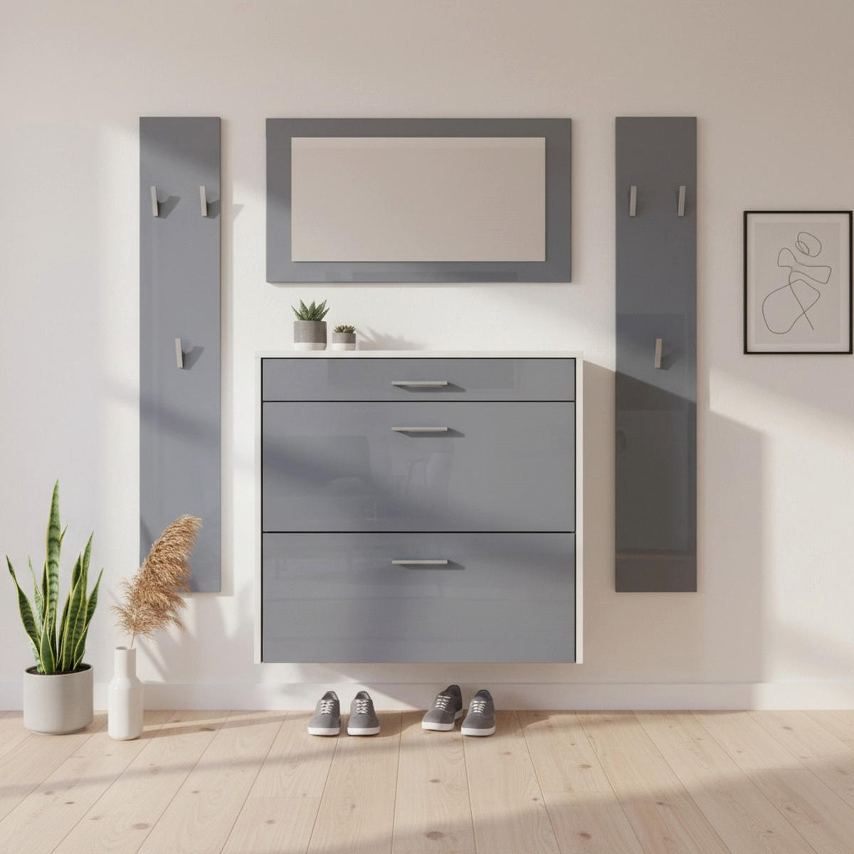 GARDEROBEN-SET Roma Air 4-teilig, Moderne Flurgarderoben Set mit Schuschrank, 2 Wandpaneele und Wandspiegel, Weiß matt/Grau Hochglanz - Grau, Holzwerkstoff (190/200/23cm) - InnoFurn