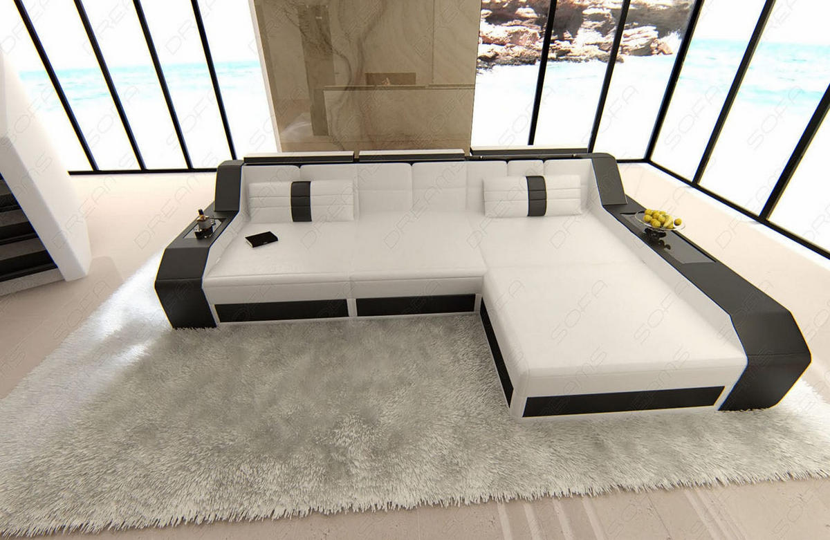 COUCH Arezzo L Weiß Schwarz Büffelleder - Weiß, Leder (308/194cm)