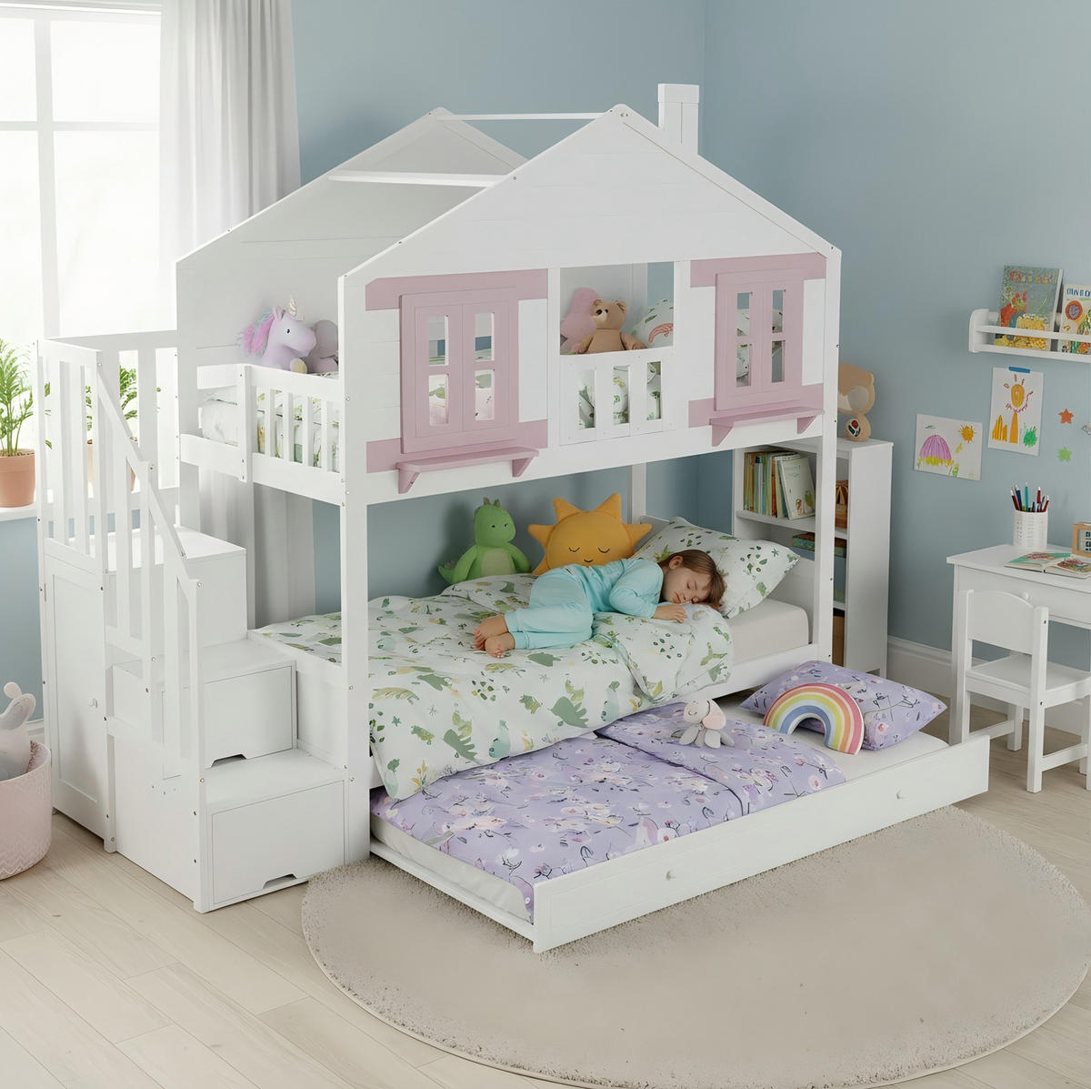 ETAGENBETT mit Rollbett und Stauraum 90x200 cm Weiß-Rosa - Weiß, Holzwerkstoff (90/200cm) - Beauniv