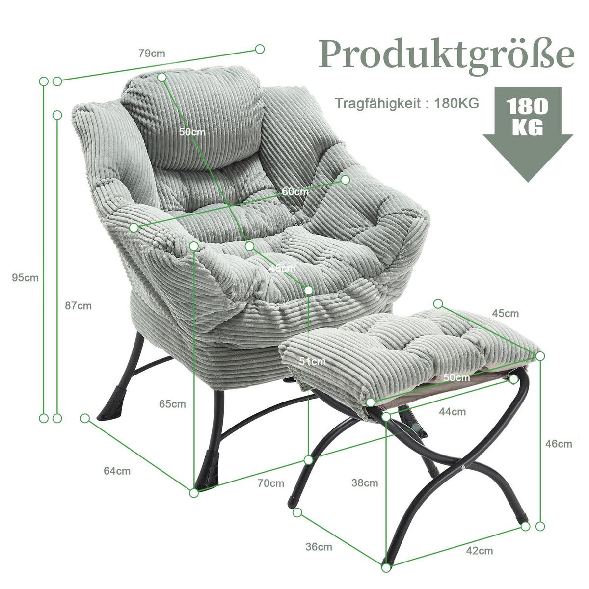 LOUNGESESSEL Relaxsessel mit Hocker,dicke Polsterung,Hellgrün - Hellgrün, Metall (70/95/64cm) - LVHOM