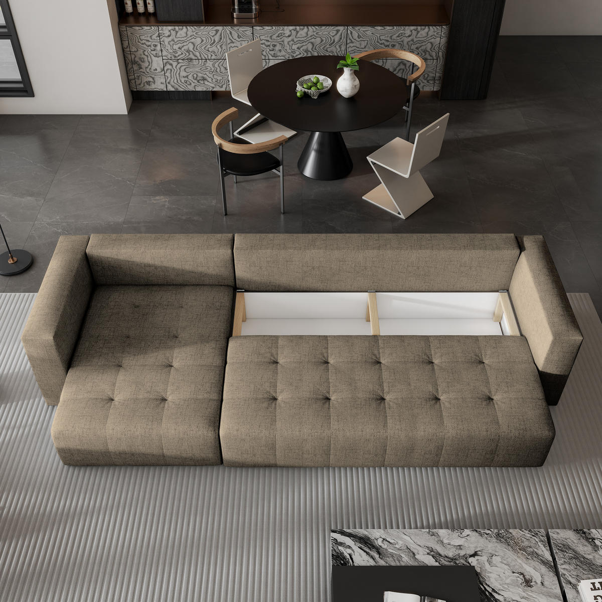 ECKSOFA OLVERA Braun Geflochtener Stoff mit Schlaffunktion - Braun, Holz (347/148cm) - MASSENO