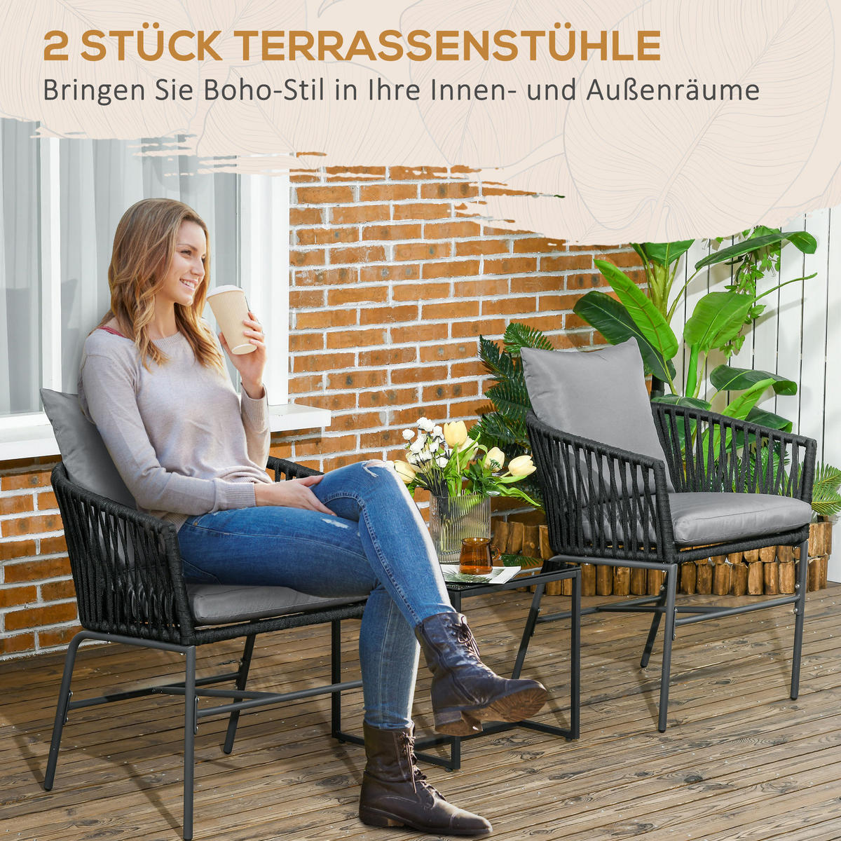GARTENSTÜHLE 2er-Set, Stahl, Polyester, Schwarz - Schwarz, Metall (60/71/57cm) - Outsunny