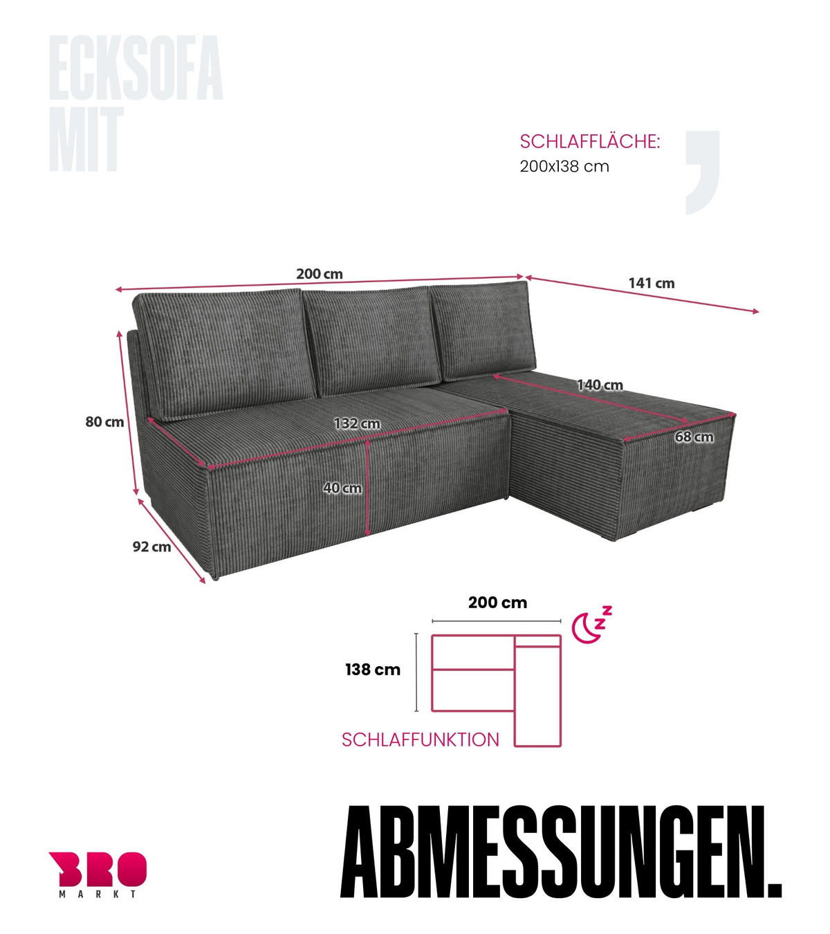 ECKSOFA Hector mit Schlaffunktion Grau Cord - Grau, Textil (200/141cm) - Bromarkt