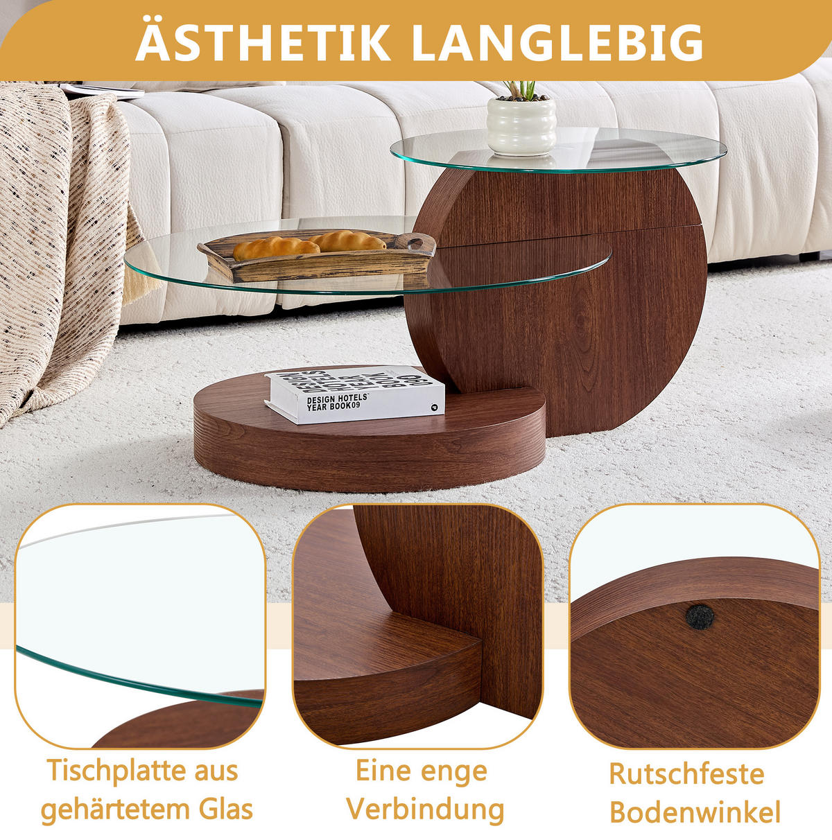 COUCHTISCH 90/70/44 cm aus MDF und Sicherheitsglas Transparent/Walnuss mit mehrstufiger Ablage - Walnussfarben, Holzwerkstoff (90/70/44cm) - OKMYHOME