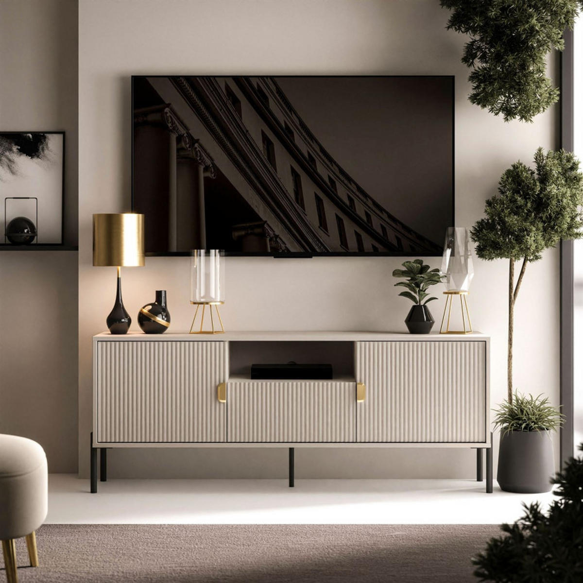 TV Rack DALIA 155 cm - Kaschmir/Goldfarben, Holzwerkstoff (155/58/40cm) - Lookway