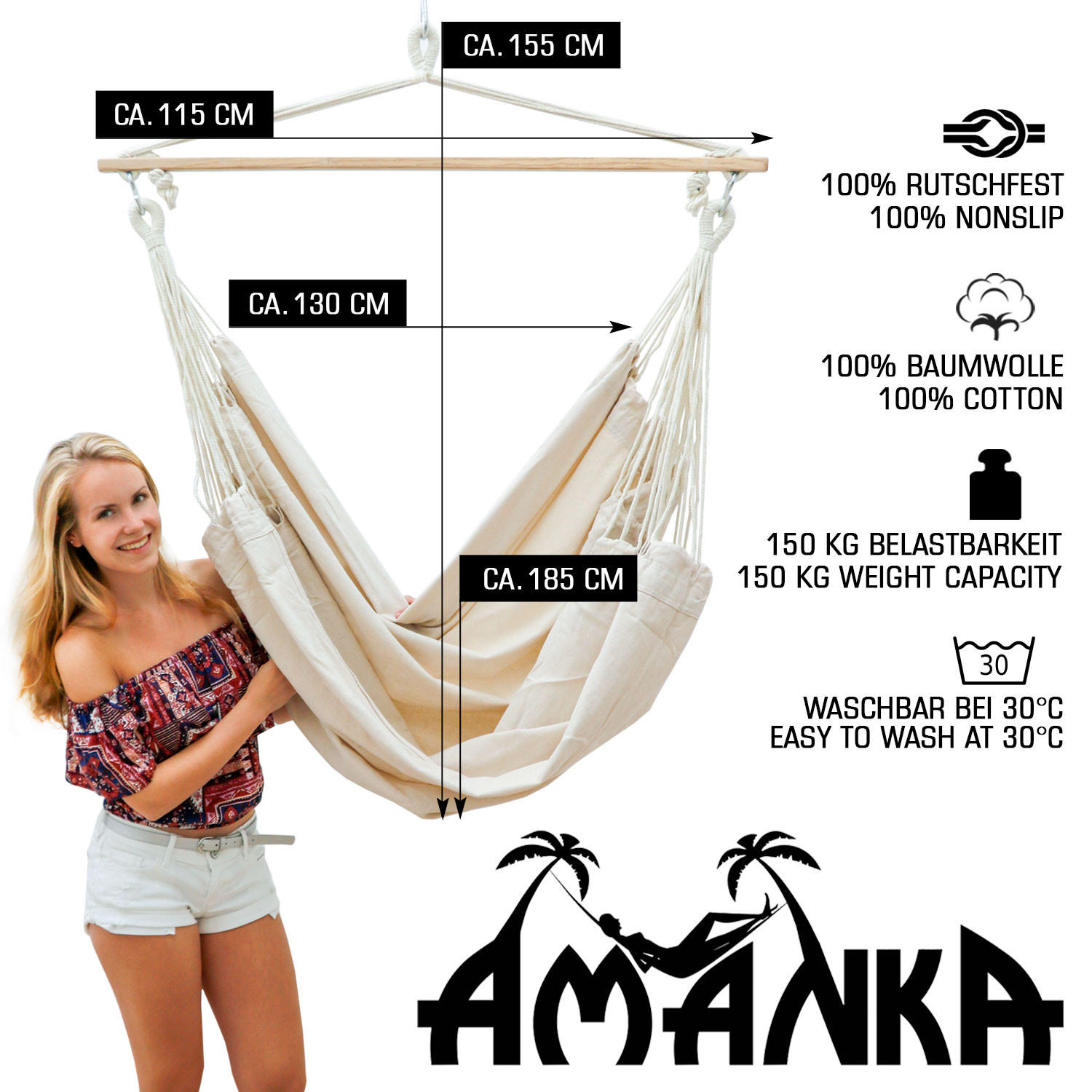 XXL-HÄNGESESSEL 185/30cm bis 150kg - Beige, Textil (130/155/185cm) - Amanka