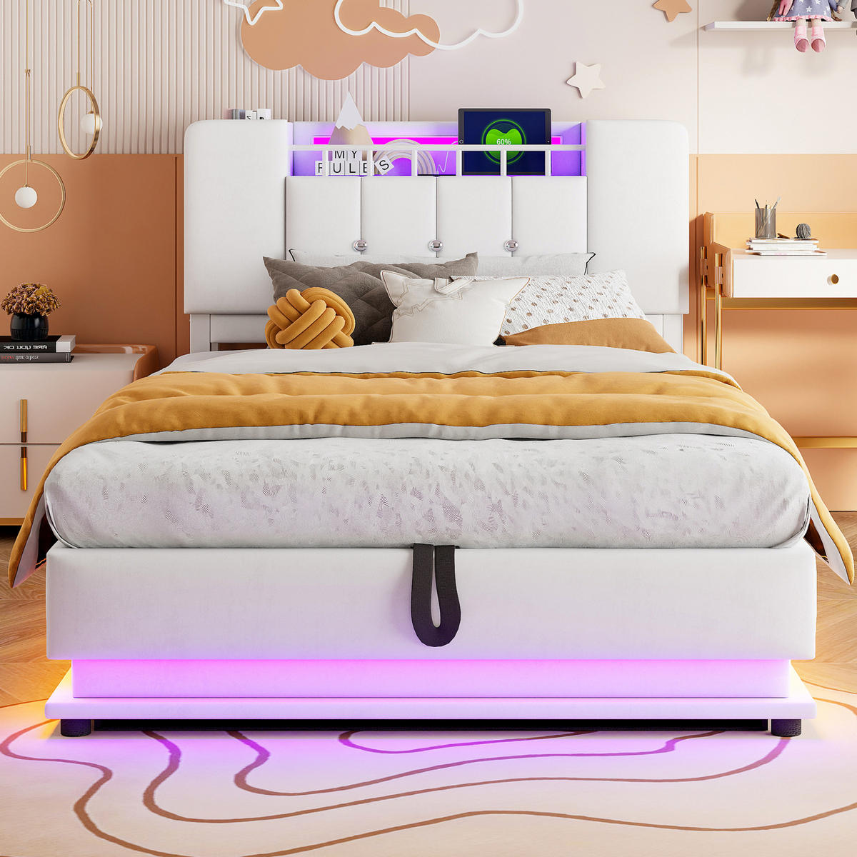 BETT für Kinder mit Stauraum, LED und USB 90x200 cm Samt Beige - Beige, Metall (90/200cm) - Beauniv
