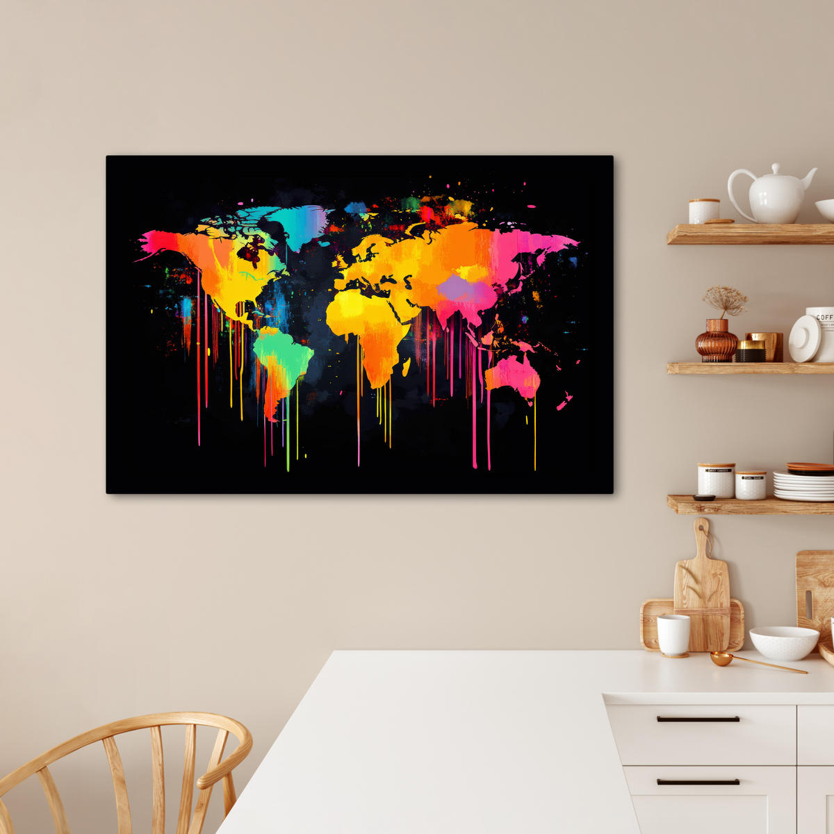LEINWANDBILD Weltkarte - Farbe - Bunt - Graffiti - Welt Wohnzimmer 120x80 cm - Multicolor, Textil (120/80cm) - MuchoWow