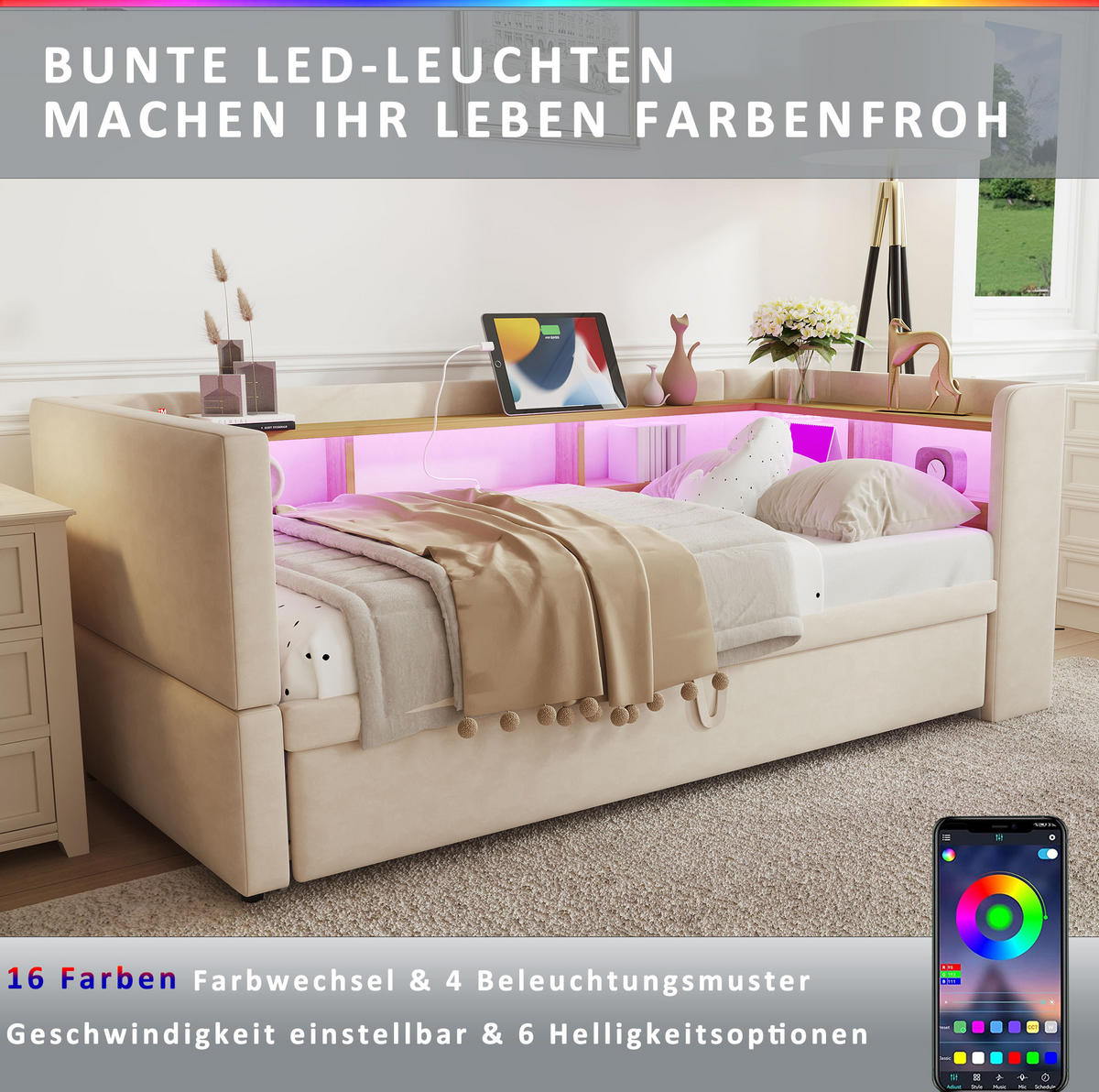 ČALOUNĚNÁ postel 90/180x190 cm béžová, flanel, s LED osvětlením a zásuvkami - béžová, textil (90/190cm) - BEAOK