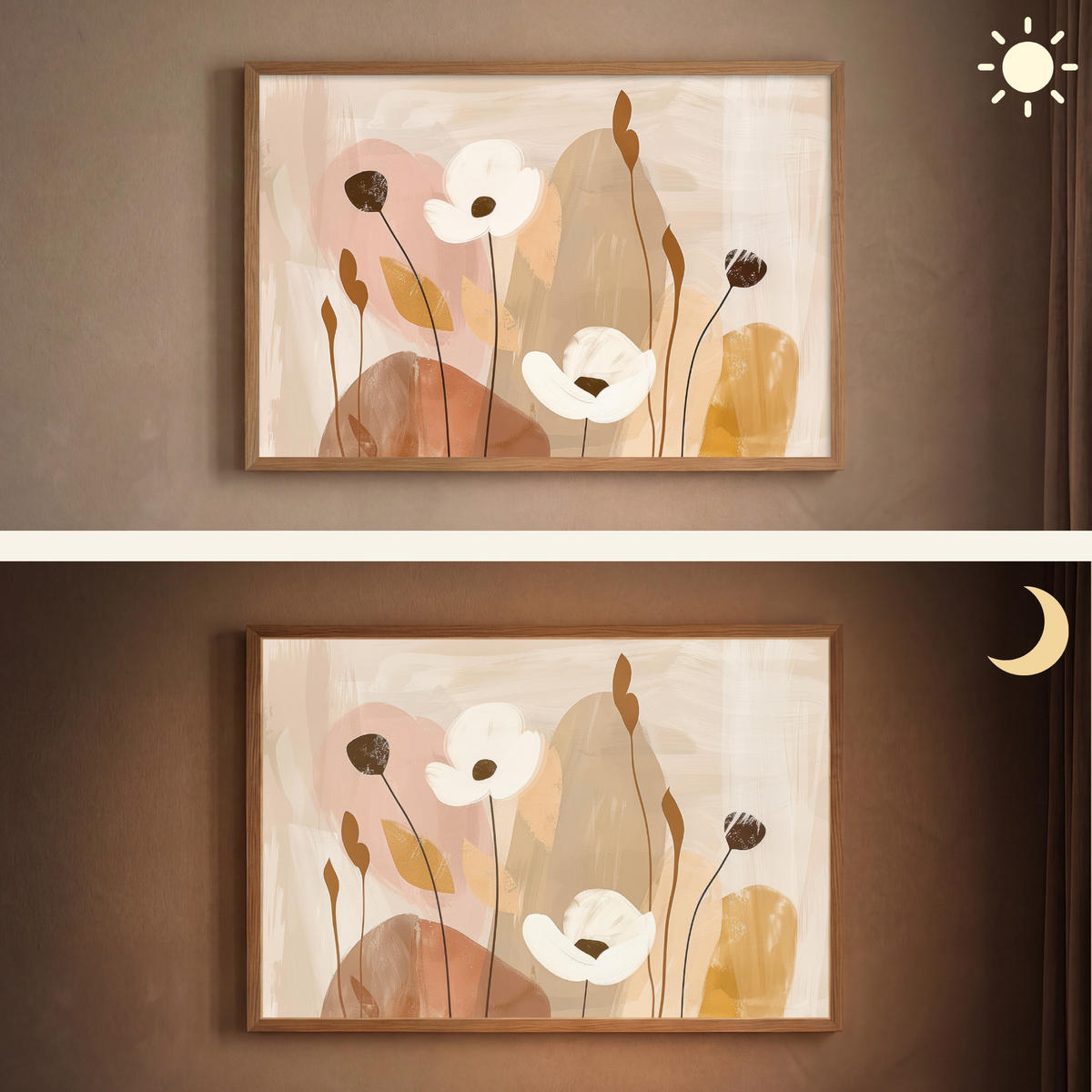 WANDLEUCHTE MIT AKKU Blumen - Abstrakt - Beige - Strichzeichnung 100x70 cm - Sandfarben, Holzwerkstoff (100/70/8cm) - OnlyWow