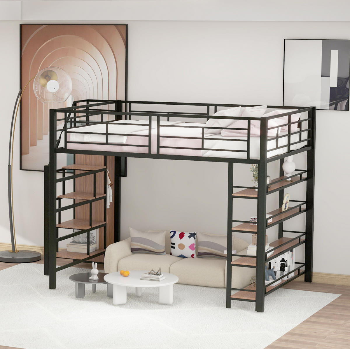 HOCHBETT 140/200 cm aus Metall mit Stauraumtreppe und Rausfallschutz - Schwarz, Metall (140/200cm) - BEAOK