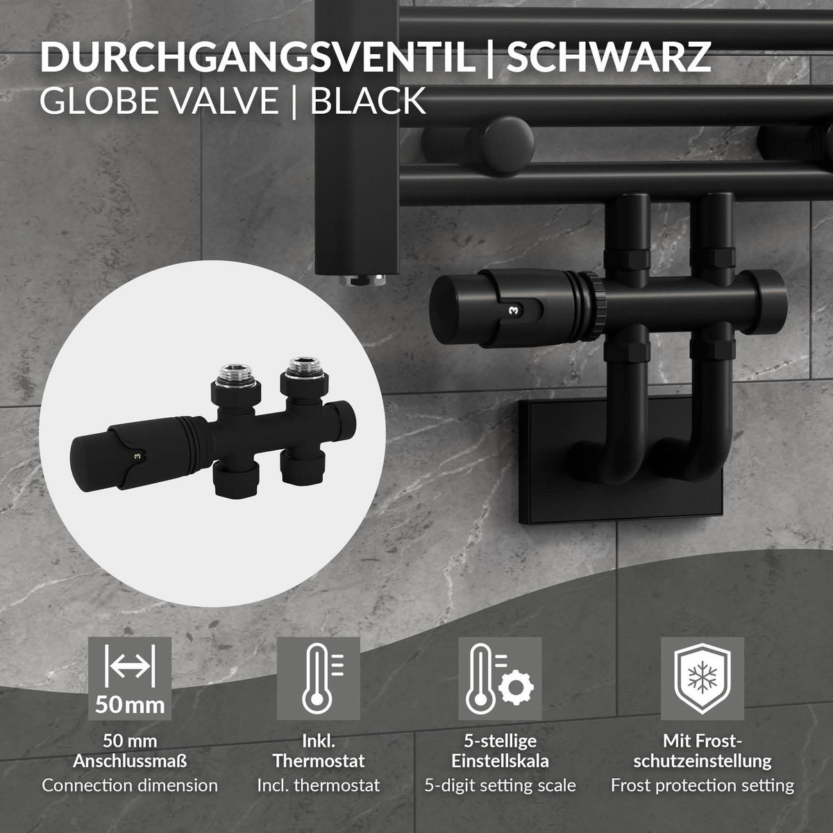ANSCHLUSSGARNITUR Badheizkörper Schwarz - Schwarz, Metall - LuxeBath