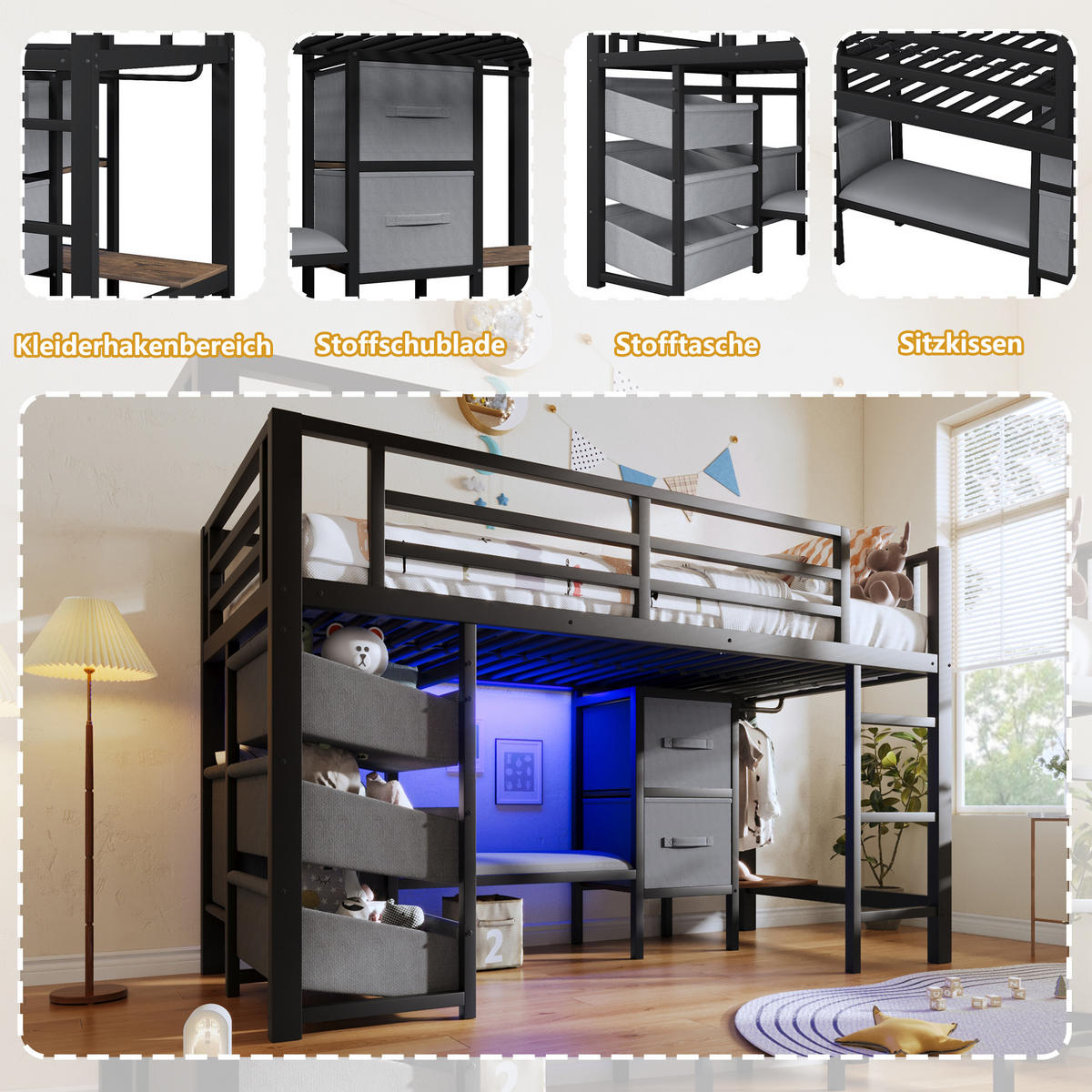 HALBHOHES BETT 90x200cm Schwarz Metall LED-Licht Sitzkissen - Schwarz, Metall (90/200cm) - FLIEKS