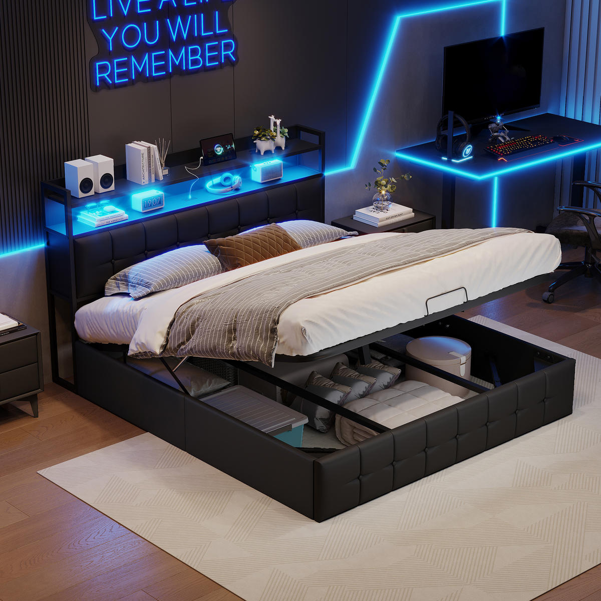 DOPPELBETT 160x200 cm Schwarz mit LED-Beleuchtung und Ladefunktion - Schwarz, Holz/Metall (160/200cm) - PARAFTA HOME