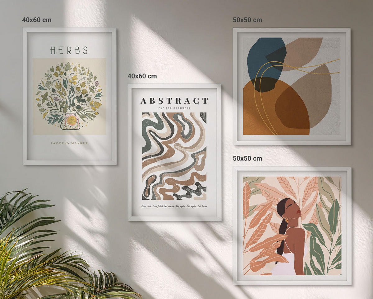 BILDER SET 4er Set - 50x50 cm & 40x60 cm Weißer Rahmen - Boho-Ästhetik, Pastellposter - Weiß, Kunststoff (50/50cm) - TULUP
