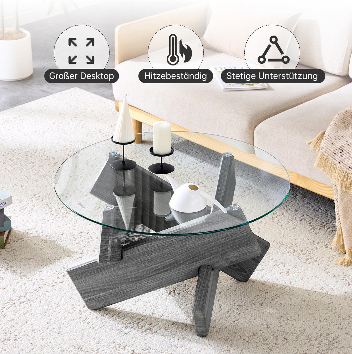 COUCHTISCH 79/45 cm Grau/Transparent aus MDF und Glas mit Kreuzgestell - Grau, Holzwerkstoff (79/79/45cm) - OKMYHOME