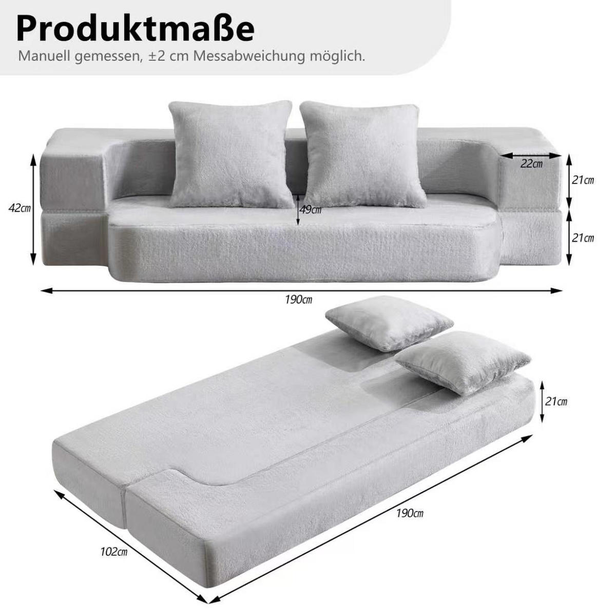 SCHLAFSOFA DE-34992 2-in-1 klappbar Hellgrau - Hellgrau, Textil (52/48/190cm) - ComfortXL