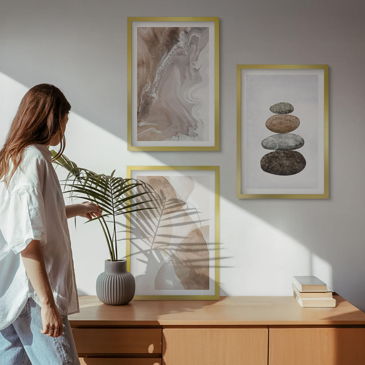 WANDBILDER 3er Set - 40x60 cm Goldrahmen - Abstrakte Pastellformen - Goldfarben, Kunststoff (40/60cm) - ArtPrintCave