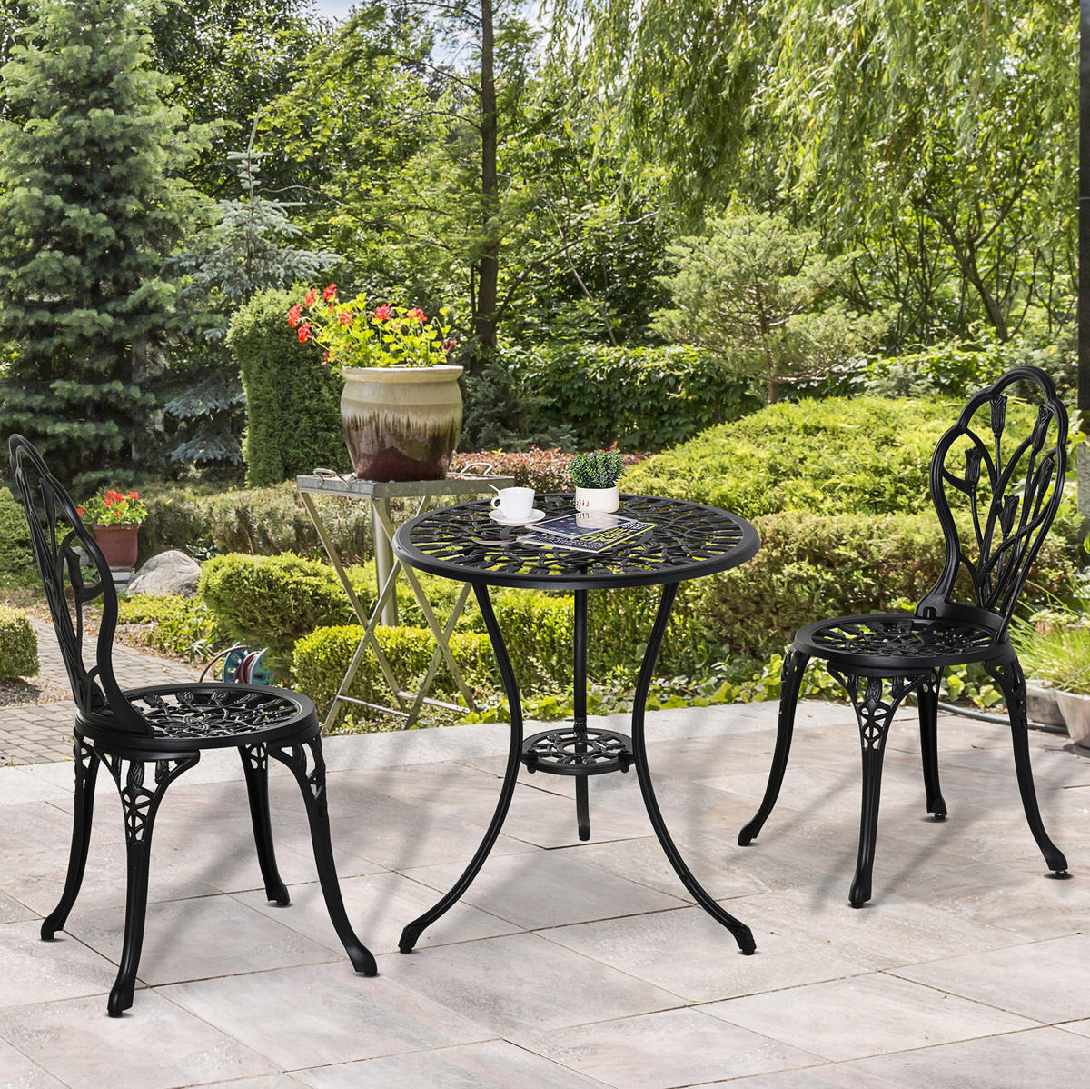 BISTROSET Ø60/67 cm mit 2 Klappstühlen, Schirmloch und verstellbaren Fußpads, Schwarz - Schwarz, Metall - Redom